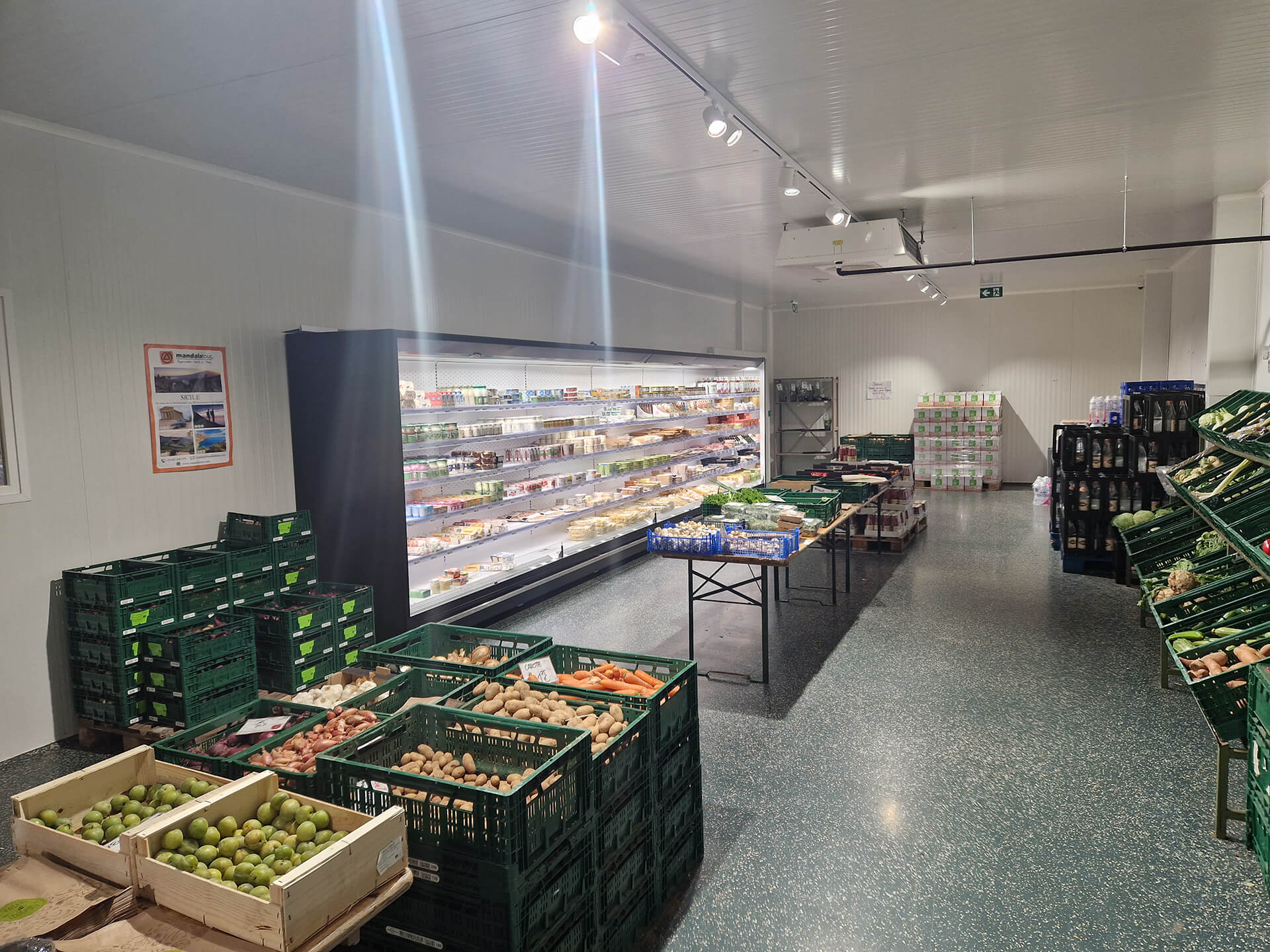 instal refri 9 Vue intérieure d’un espace de réfrigération commerciale à Attert avec présentoir réfrigéré et caisses de fruits et légumes